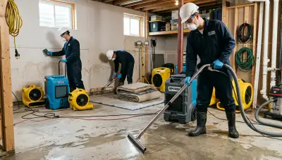 Basement flood cleanup crew in Sterling Heights, MI removing water from a flooded home basement