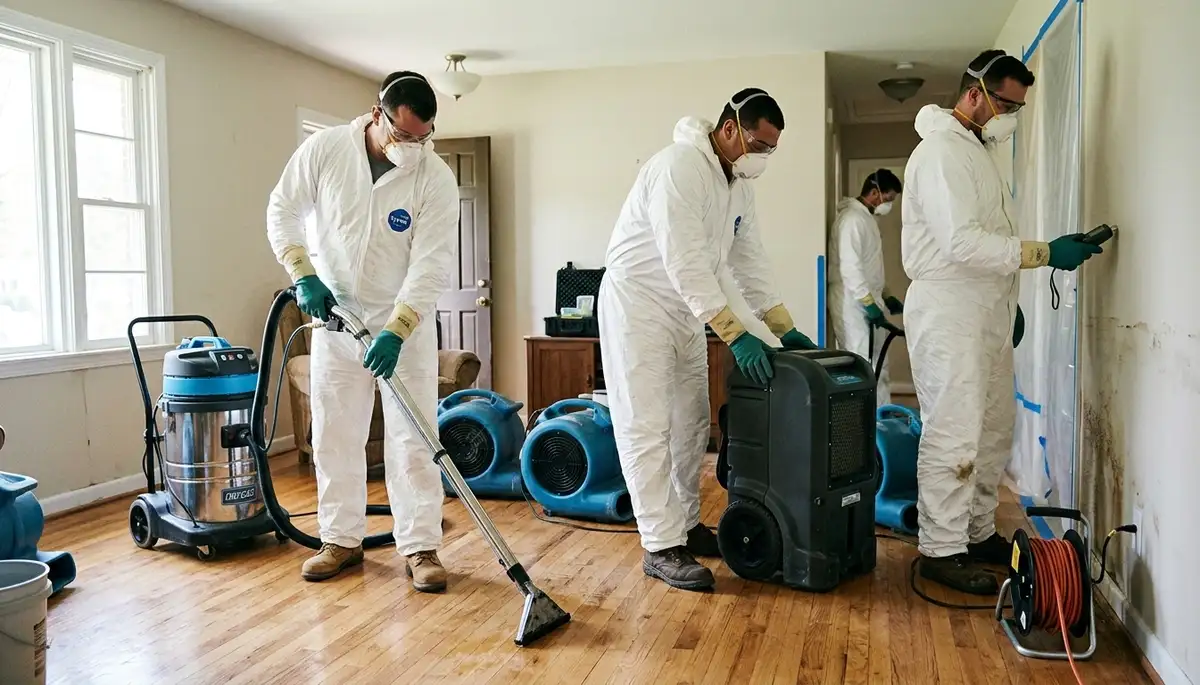 Water damage restoration crew in Sterling Heights, MI drying and repairing a flooded home