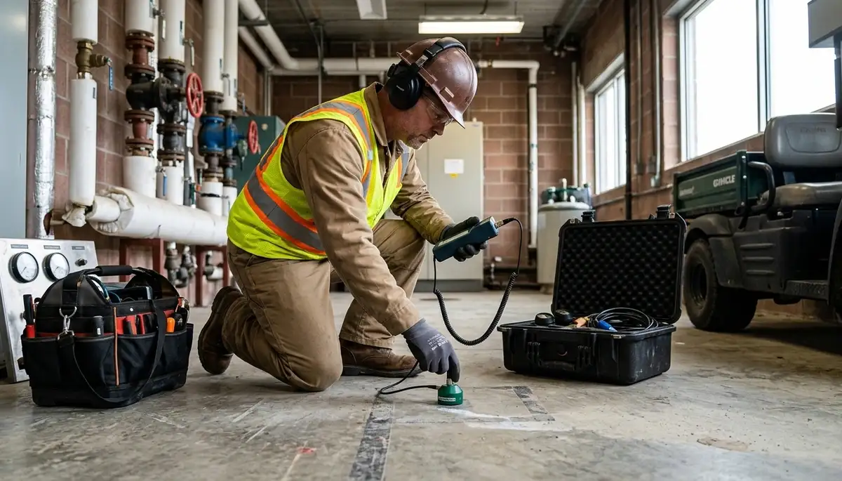 Leak detection technician inspecting hidden water leak in Sterling Heights, MI home