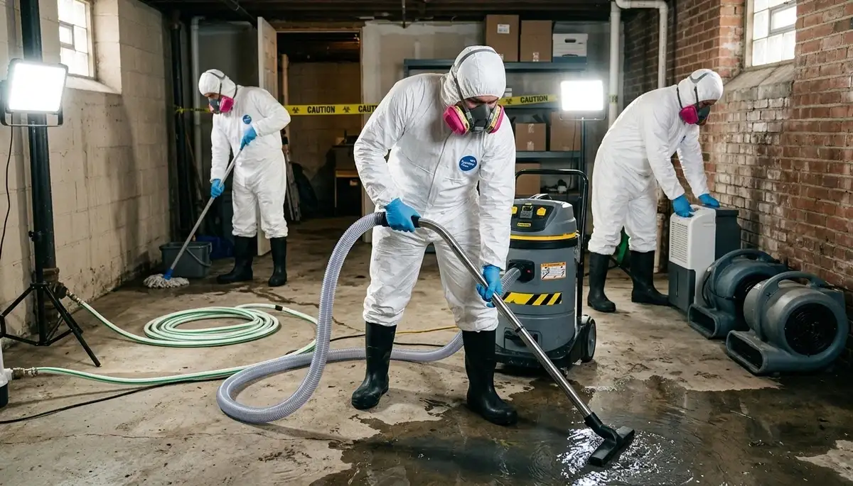 Sewage cleanup team servicing a Sterling Heights, MI home after a backup overflow