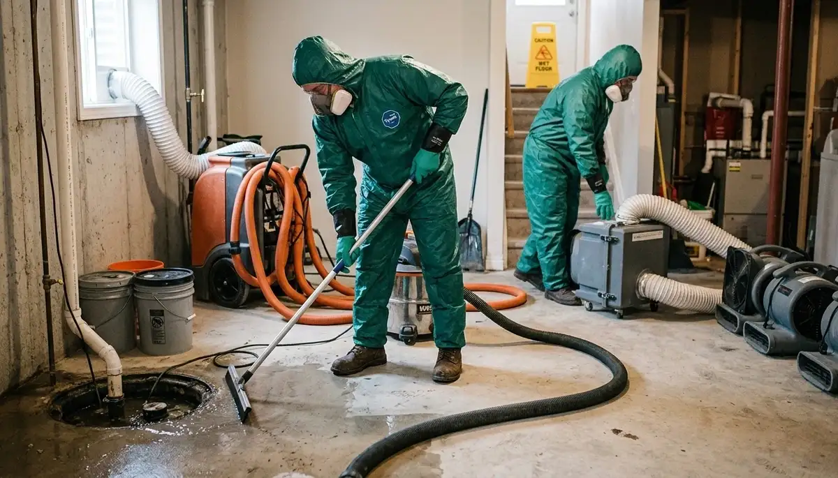 Sewer backup cleanup in Sterling Heights, MI by water damage restoration crew