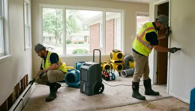 Water damage restoration team in Sterling Heights, MI inspecting a flooded home and equipment