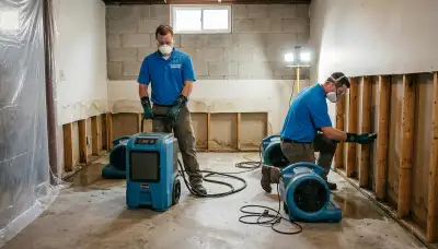 Water damage restoration team in Sterling Heights, MI drying and repairing a flooded property
