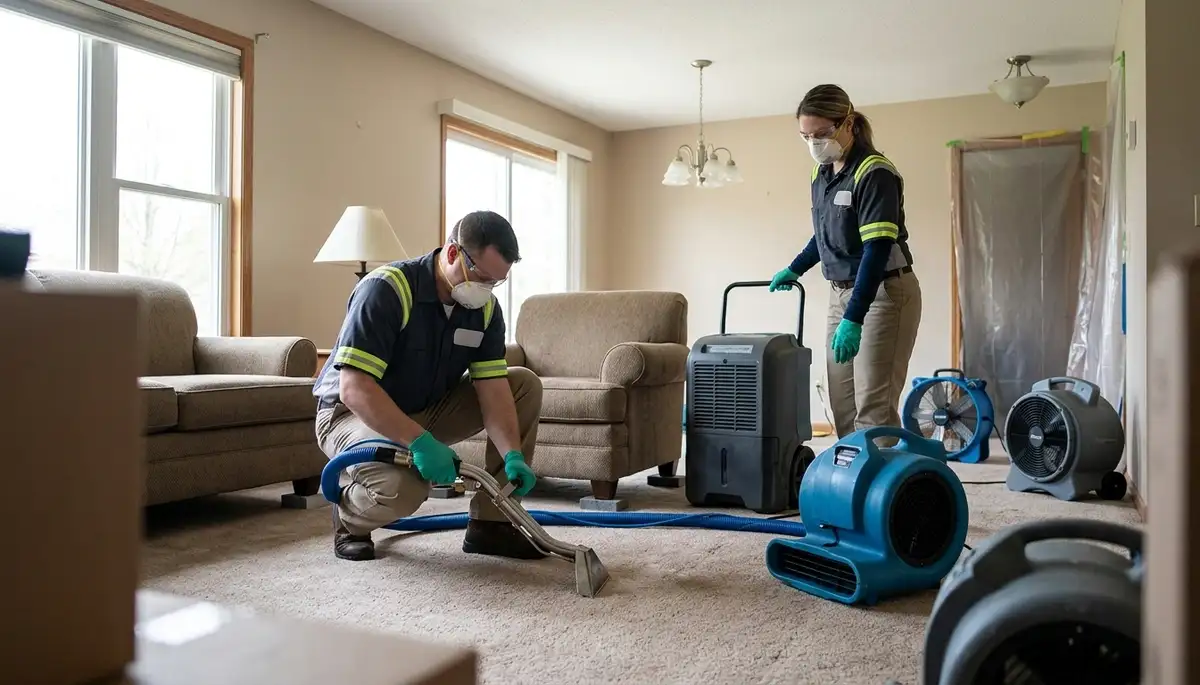 Water damage restoration crew in Sterling Heights, MI inspecting a flooded home with drying equipment