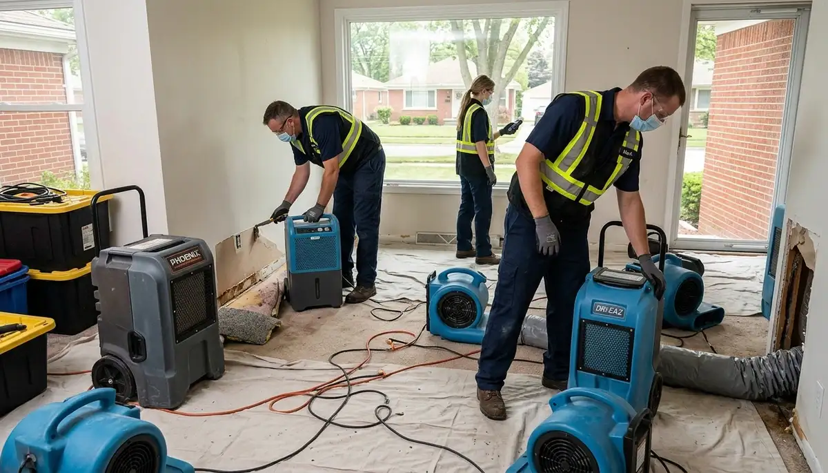 Water damage restoration team in Sterling Heights, MI inspecting and drying a flooded property