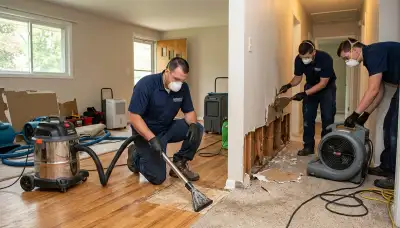 Water damage restoration team in Sterling Heights, MI inspecting flood damage and drying equipment