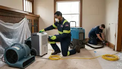 Water damage restoration team in Sterling Heights, MI inspecting flood damage and starting cleanup