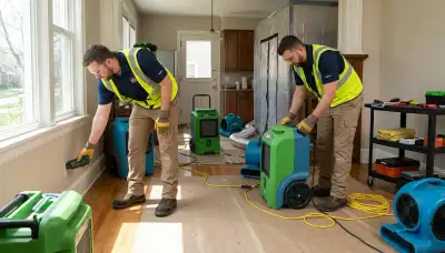 Water damage restoration team in Sterling Heights, MI drying and cleaning a flooded property