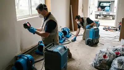 Water damage restoration team in Sterling Heights, MI repairing flooded home interior