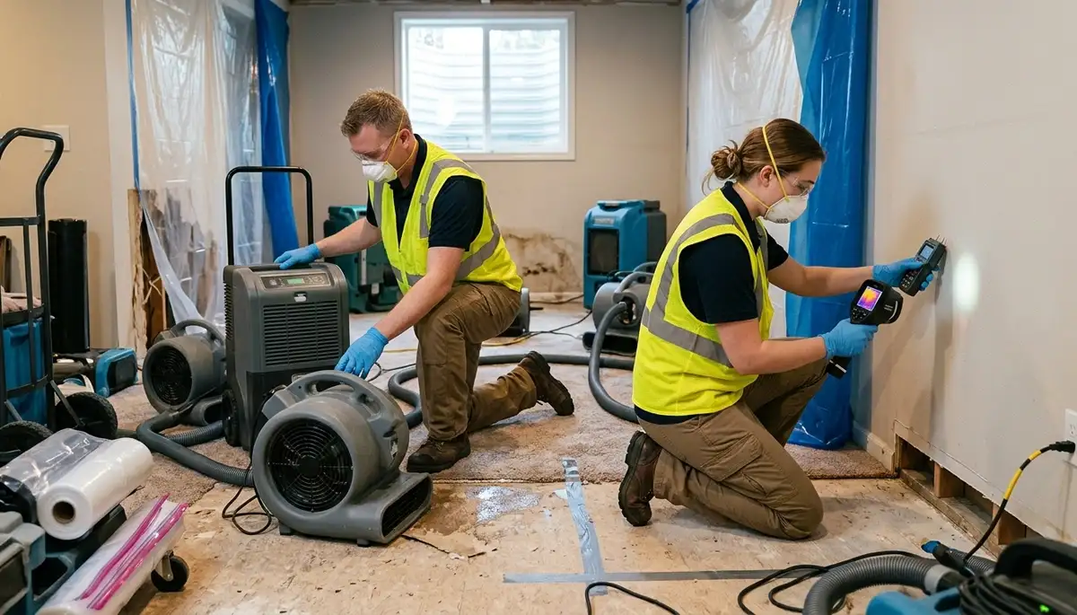 Water damage restoration team in Sterling Heights, MI inspecting a flooded home and drying damaged floors