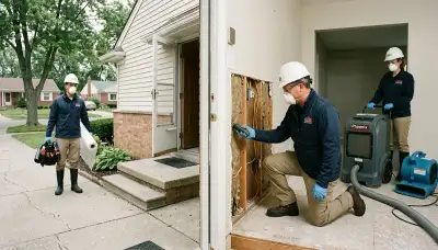 Water damage restoration crew in Sterling Heights, MI inspecting a flooded home and cleanup equipment