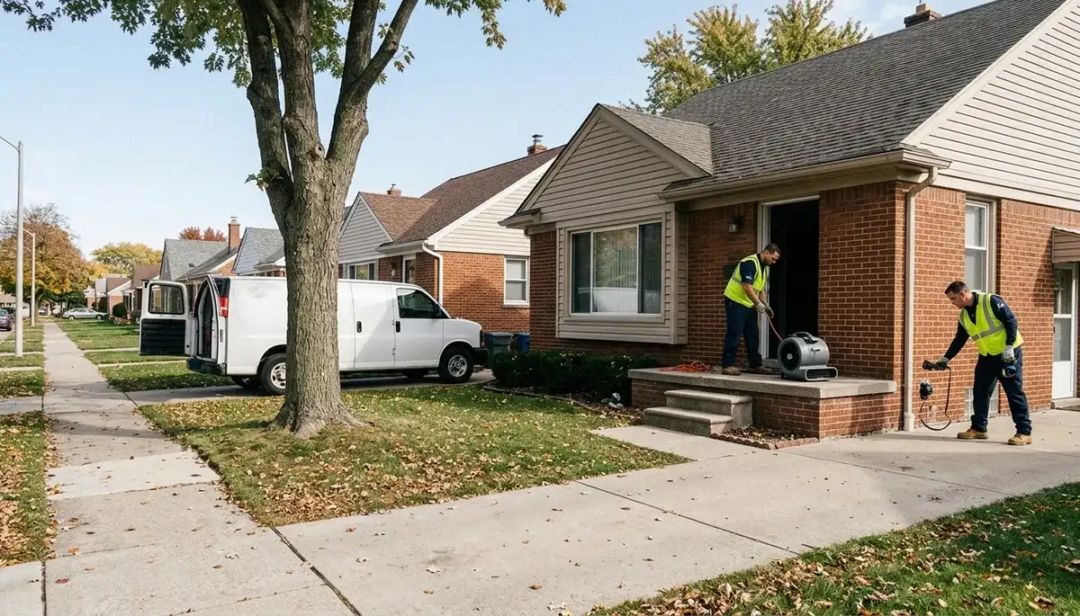 Water damage restoration crew in Sterling Heights, MI handling emergency cleanup and drying