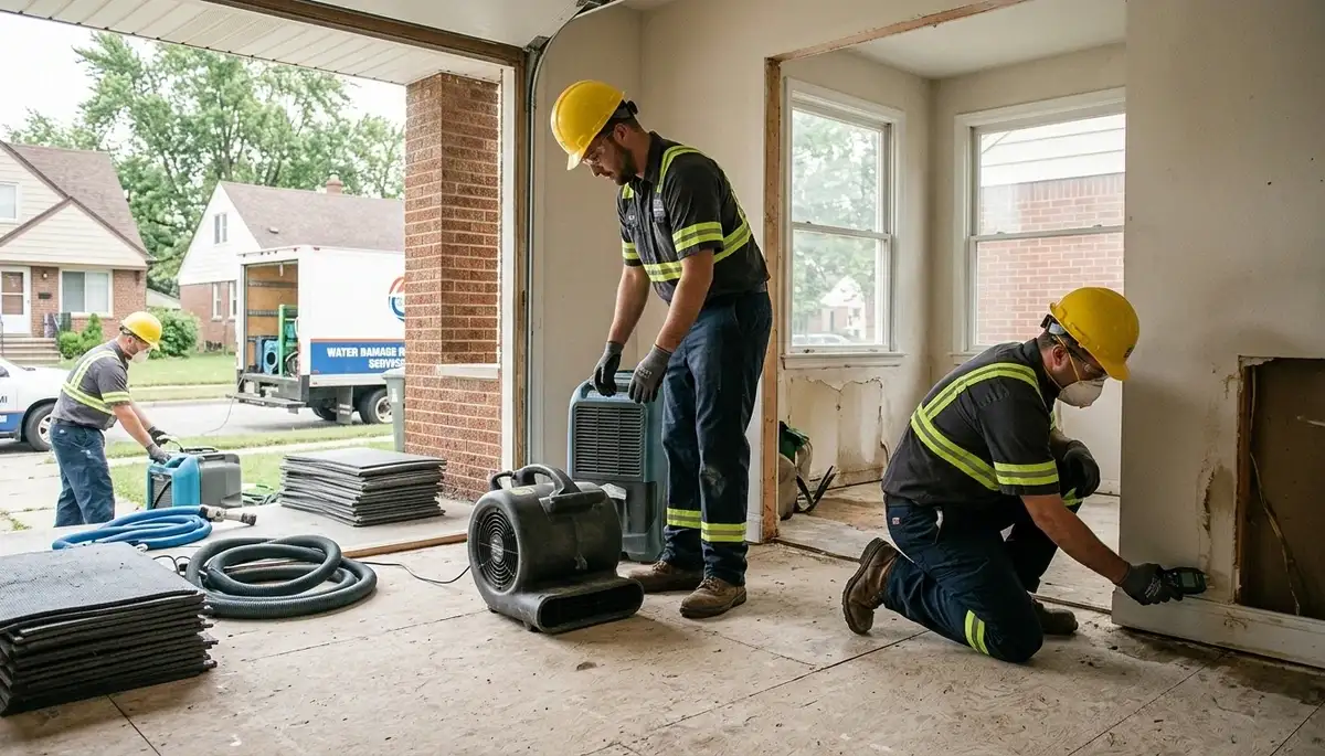 Water damage restoration team in Sterling Heights, MI inspecting a flooded home and beginning cleanup